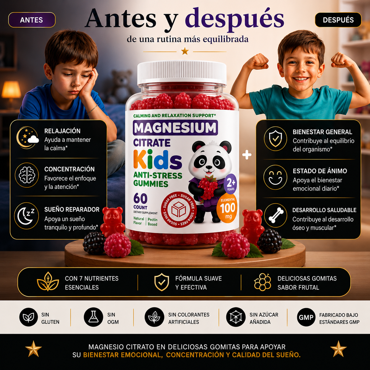 Gomitas de Citrato de Magnesio Aeglewell para Niños, en Forma de Oso, 60 Unidades Veganas, 2 Años de Duración, Gran Sabor, Promueven la Salud de Músculos y Huesos